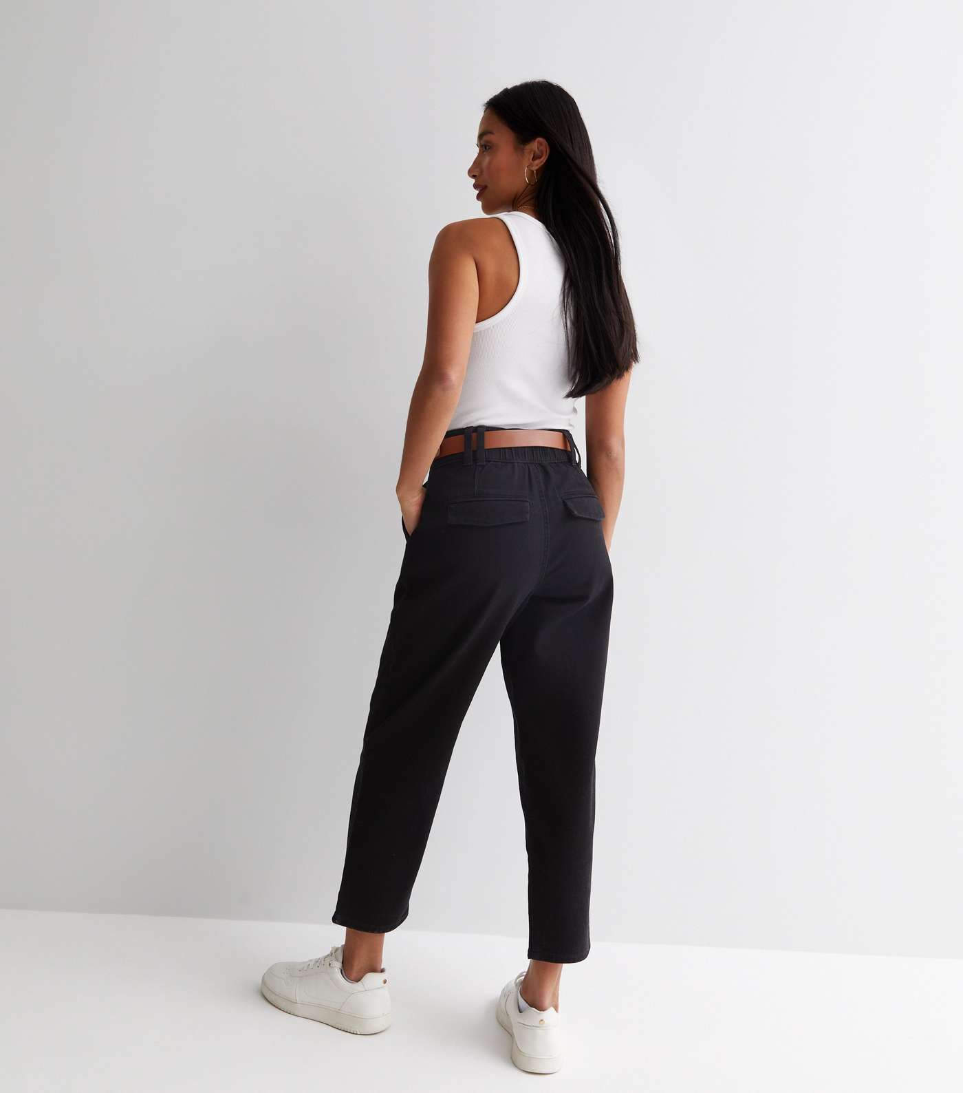 Petite Black Cotton Belted Crop Trousers Image 4