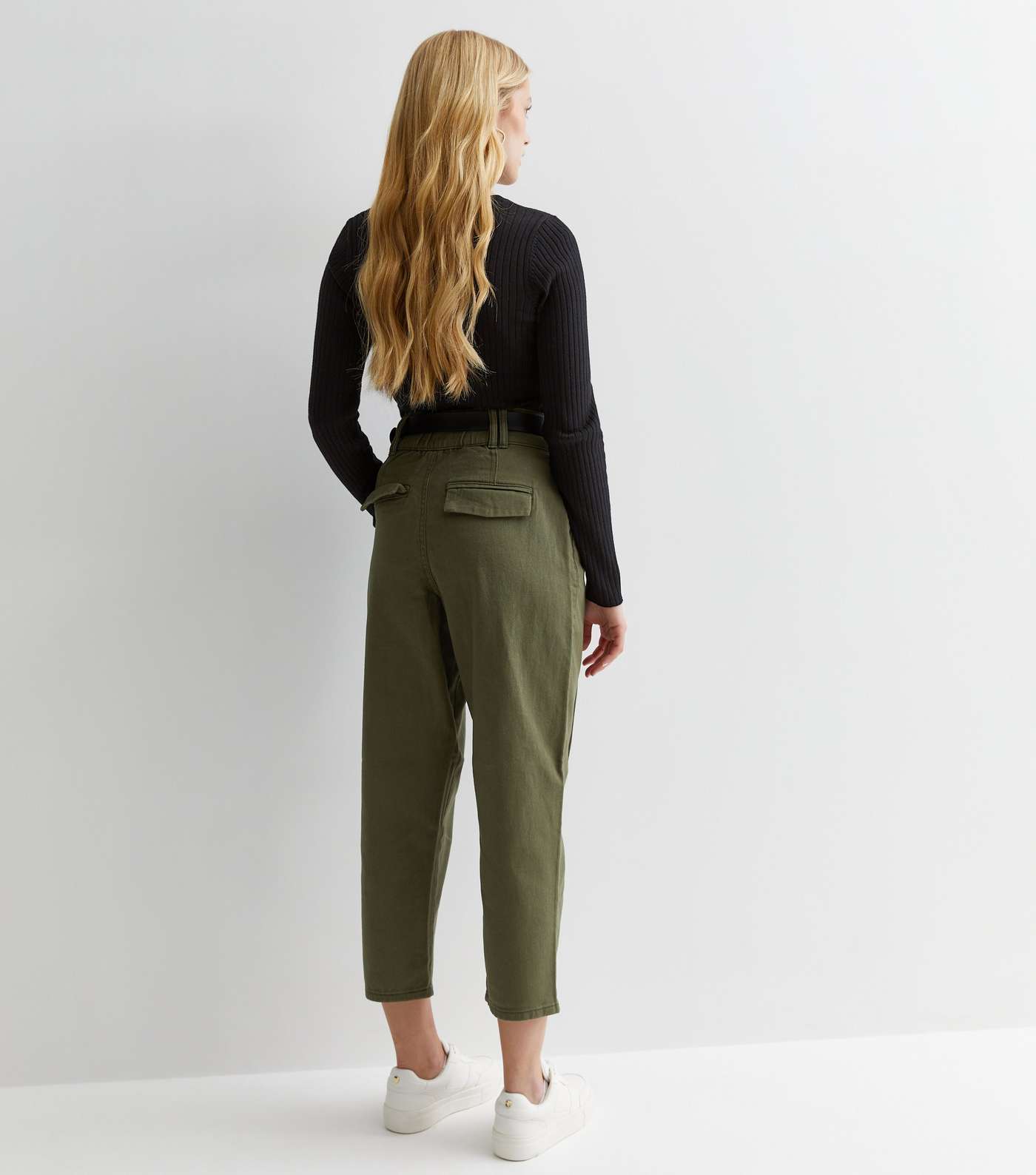 Petite Khaki Cotton Belted Crop Trousers Image 4