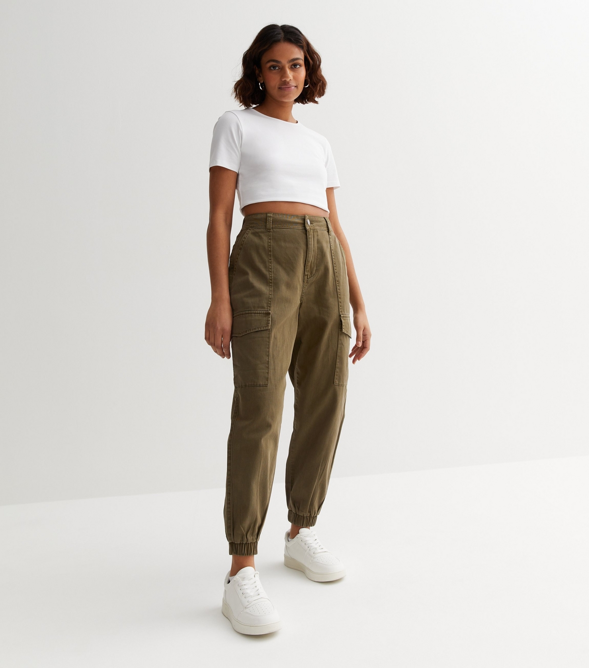 Women's Petite Khaki Cotton Cuffed Cargo Trousers New Look