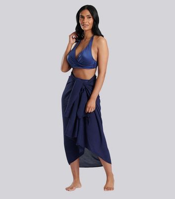 South Beach Navy Crinkle Fringed Sarong New Look