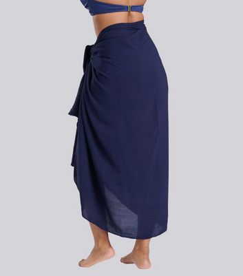 South Beach Navy Crinkle Fringed Sarong New Look