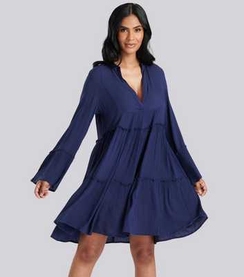 South Beach Navy Crinkle Tiered Mini Dress