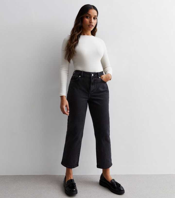 Petite Washed Black Ankle Grazing Hannah Straight Leg Jeans