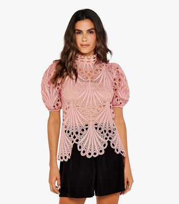 Apricot Pink Lace Scallop Edge High Neck Top | New Look