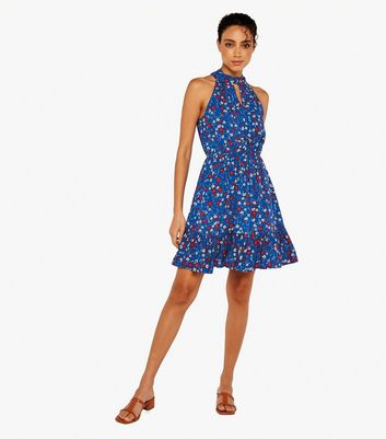 Apricot Bright Blue Ditsy Halter Neck Frill Mini Dress New Look