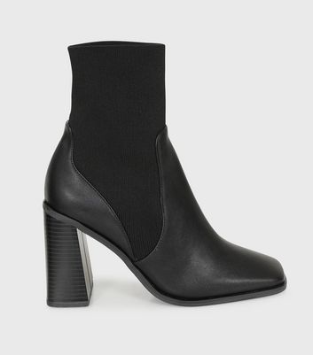 London Rebel Black Leather-Look Block Heel Sock Boots New Look