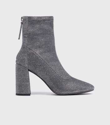London Rebel Silver Glitter Pointed Block Heel Sock Boots