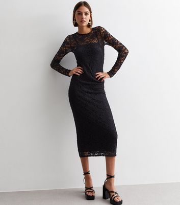 Black Lace Long Sleeve Bodycon Midaxi Dress New Look