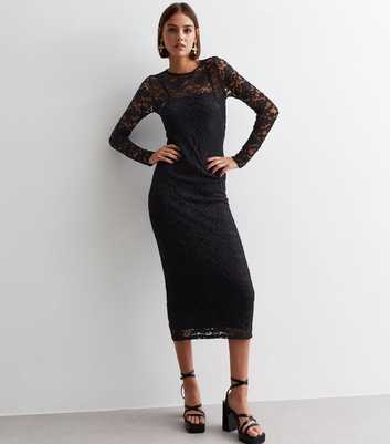 Black Lace Long Sleeve Bodycon Midaxi Dress