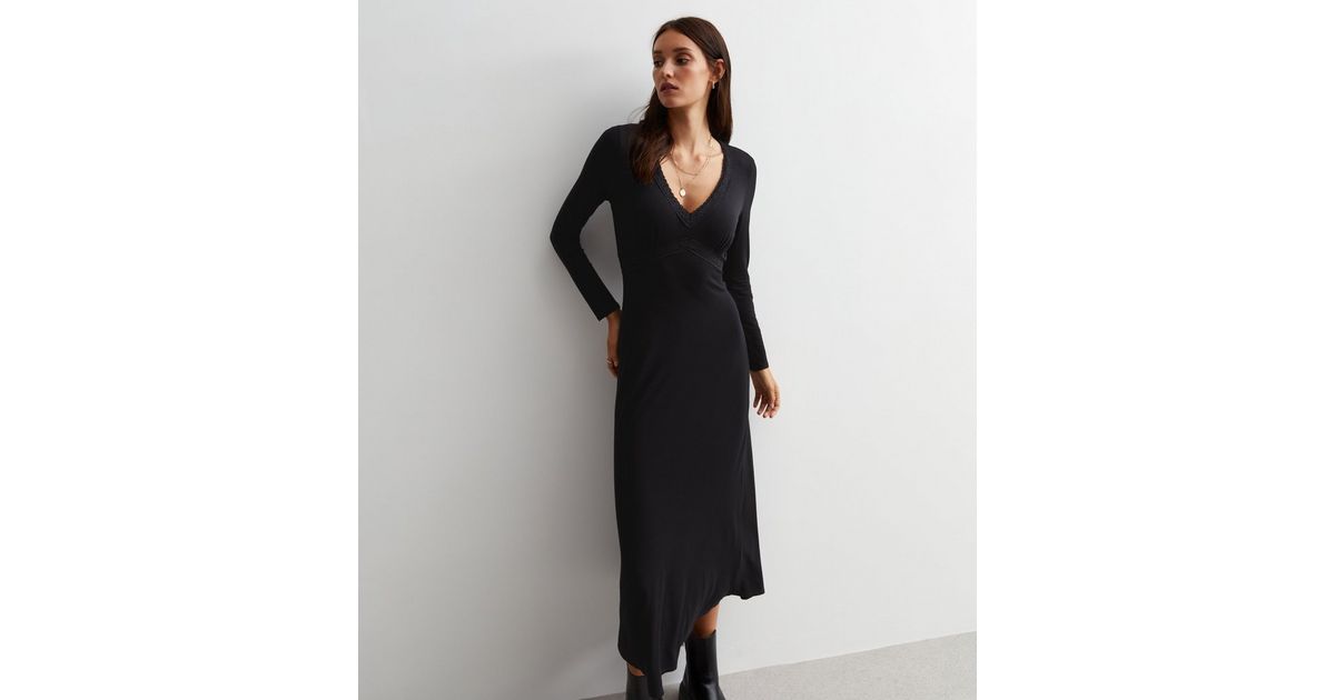 Black Jersey Lace Trim Midi Dress | New Look