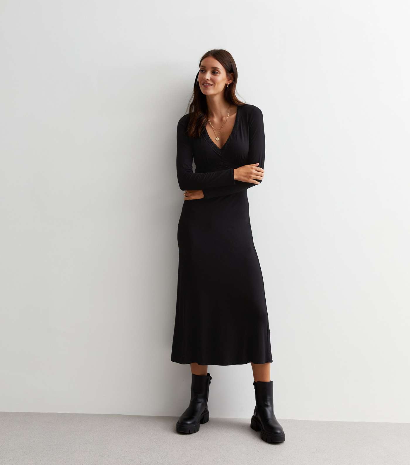Black Jersey Lace Trim Midi Dress Image 3