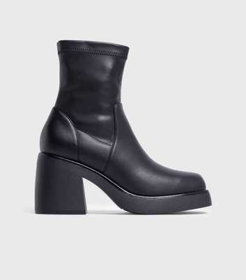 London Rebel Black Leather-Look Chunky Block Heel Ankle Boots