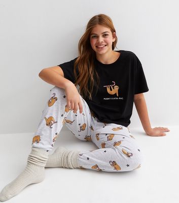 Girls Black Jogger Pyjama Set with Merry Sloth-Mas Logo New Look