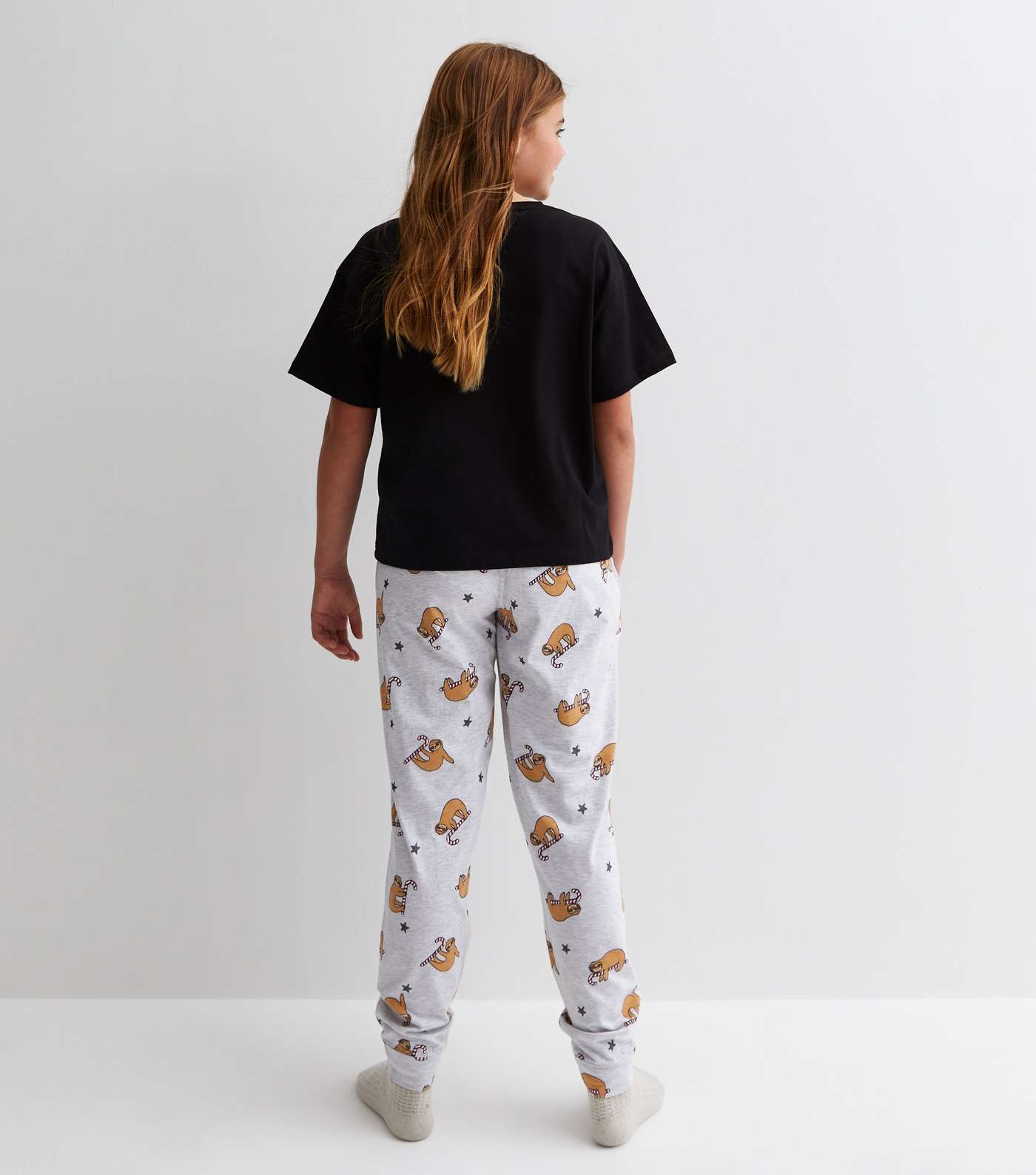 Girls Black Jogger Pyjama Set with Merry Sloth-Mas Logo Image 4