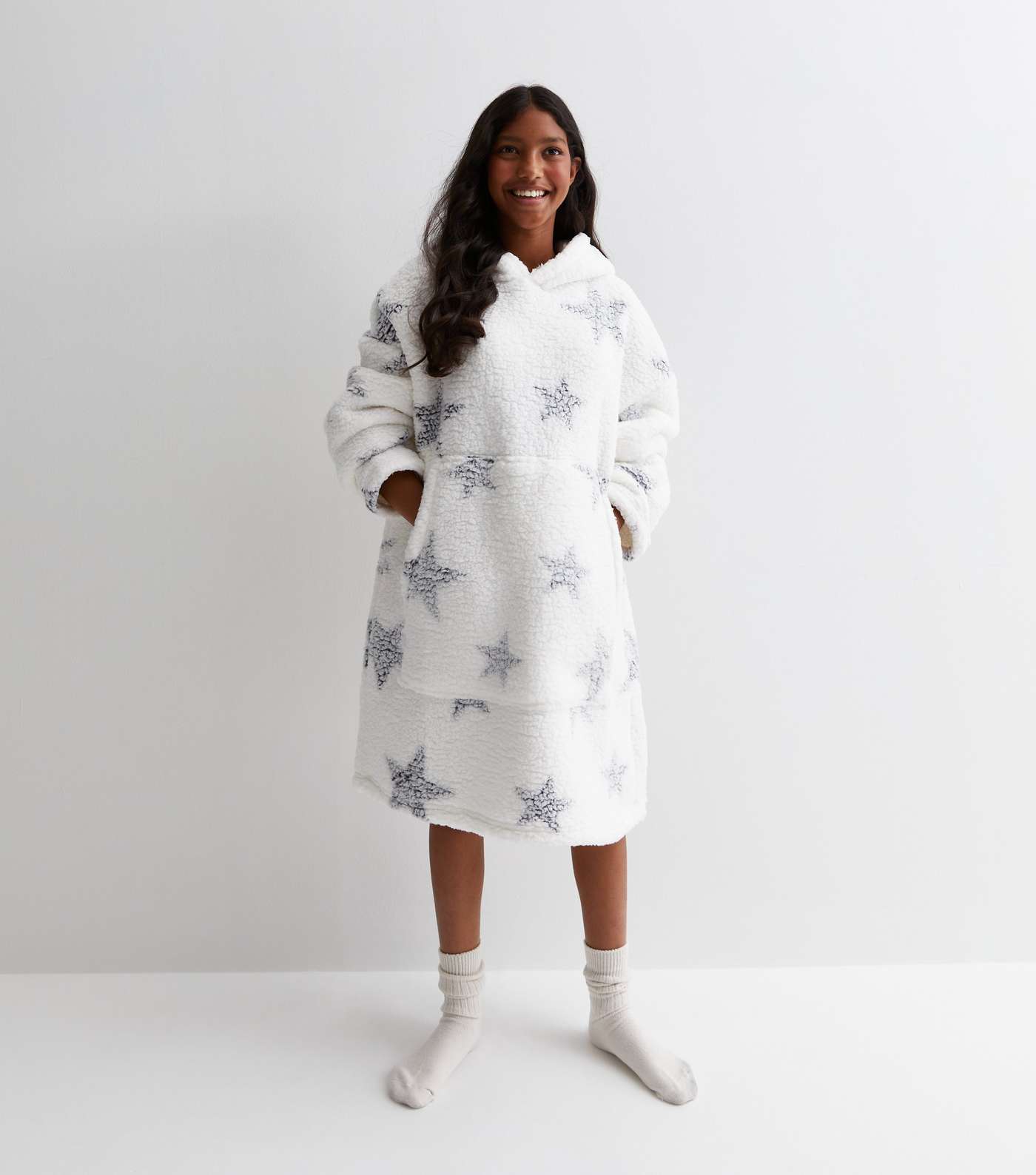 Girls White Star Print Fleece Oversized Blanket Hoodie Image 3