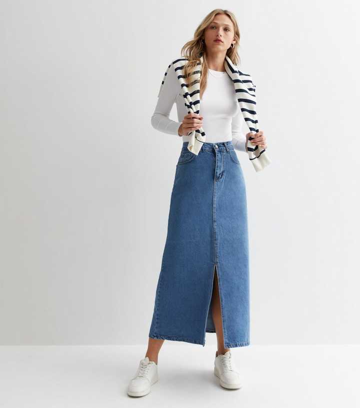 Split Front Plus Urban Bliss Bliss Blue Denim Split Front Maxi Skirt | New Look