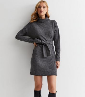 Grey Fine Knit Roll Neck Mini Dress