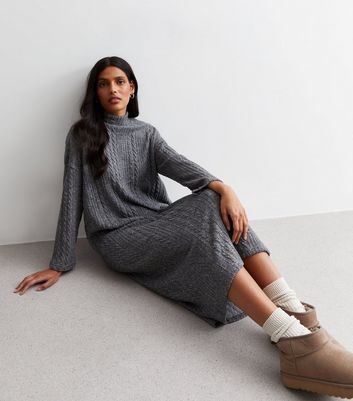 Dark Grey Cable Knit High Neck Midi Dress