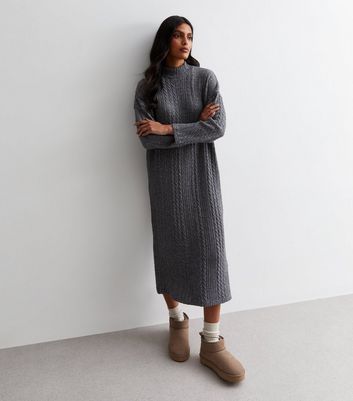 Dark Grey Cable Knit High Neck Midi Dress | New Look