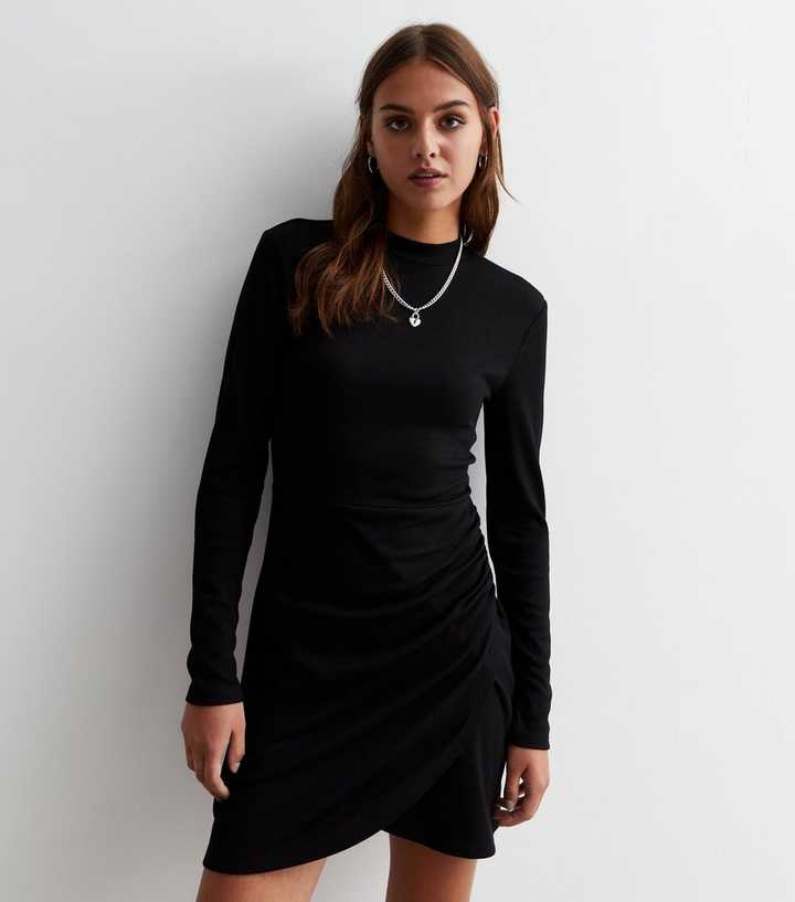 Black High Neck Wrap Mini Dress