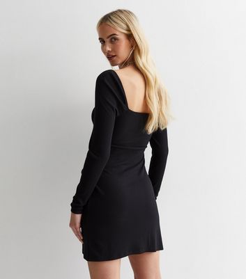 Black Ribbed Square Neck Wrap Micro Mini Dress New Look