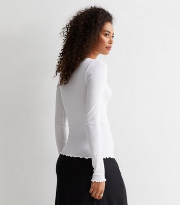 Tall White Wide Ribbed Jersey Frill Top New Look