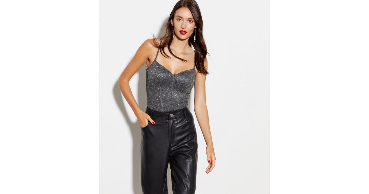 Silver Glitter Strappy Bustier Bodysuit New Look