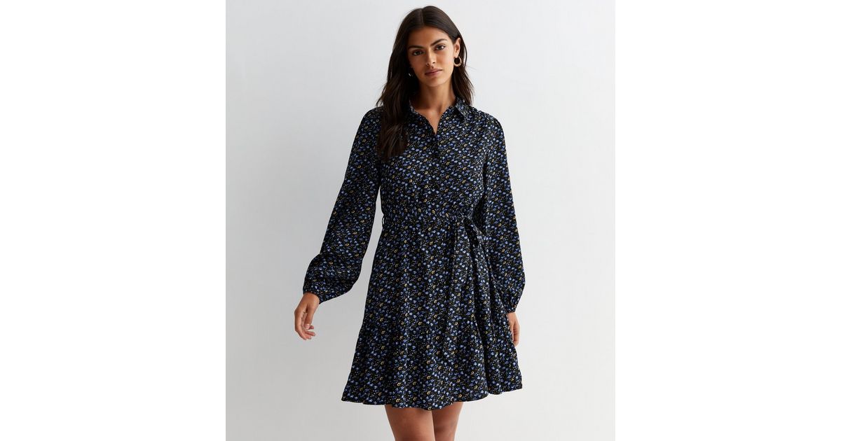 Blue Vanilla Navy Ditsy Belted Shirt Dress | New Look