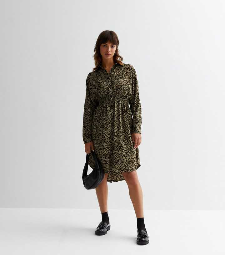 Blue Vanilla Khaki Leopard Print Mini Shirt Dress