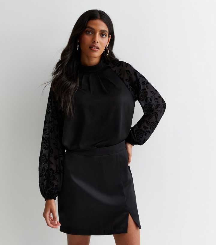 Flocked Lace Long-Sleeve Top Black, Tops & T-shirts