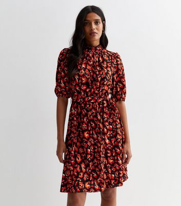 Blue Vanilla Red Abstract Floral High Neck Mini Dress New Look