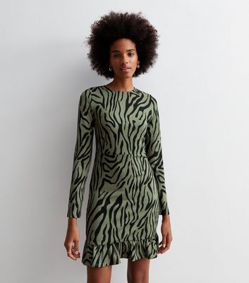 Green Zebra Print Crinkle Frill Hem Mini Dress New Look