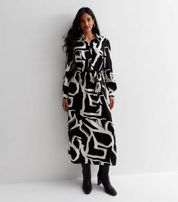 Black and Caramel Swirl Print Maxi Shirt Dress