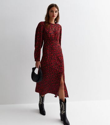 Red Floral Keyhole Midi Dress New Look