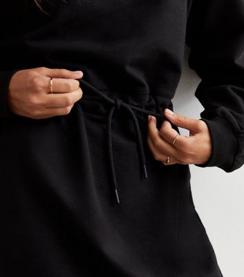 Black Jersey Drawstring Sweatshirt Mini Dress New Look