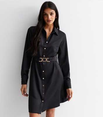 Tall Black Textured Belted Mini Shirt Dress