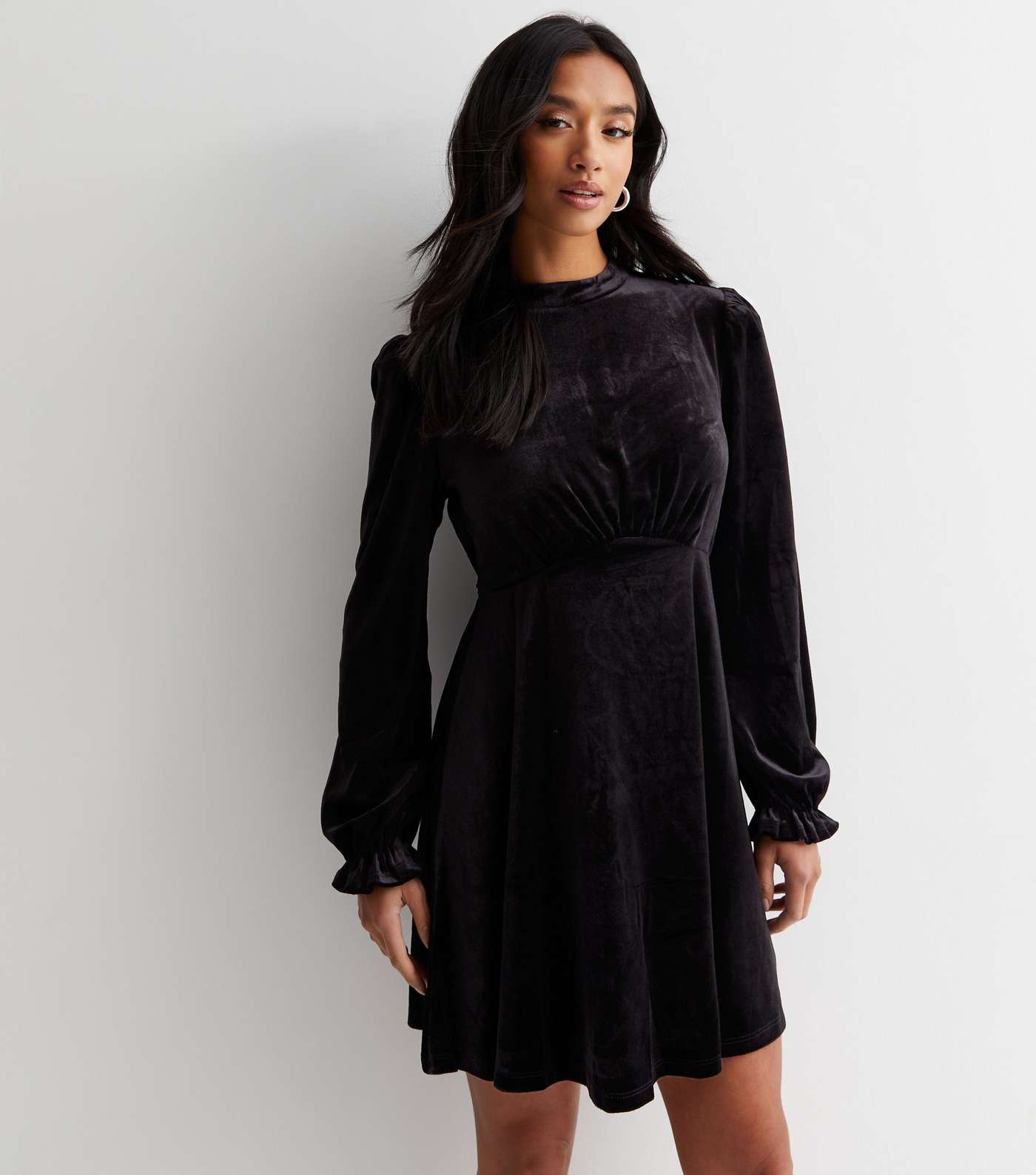 Petite Black Velvet Long Sleeve Mini Dress Image 2