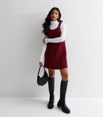 Petite Burgundy Crepe Mini Pinafore Dress New Look