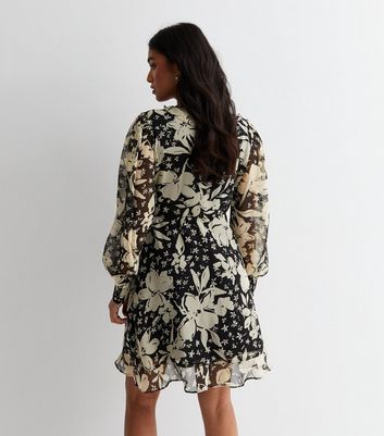 Petite Black Floral Long Sleeve Ruffle Wrap Mini Dress