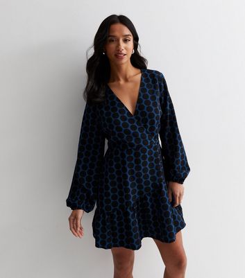 Petite Blue Spot Asymmetric Mini Wrap Dress New Look