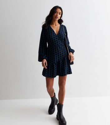 Petite Blue Spot Asymmetric Mini Wrap Dress New Look