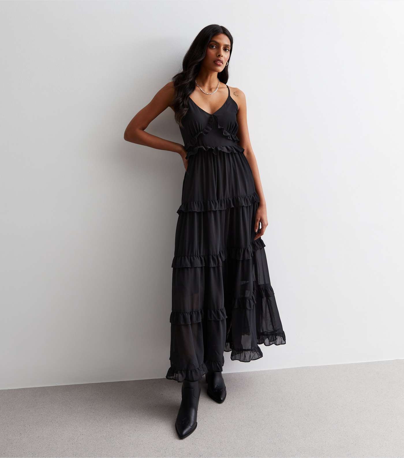 Gini London Black Frill Tiered Maxi Dress Image 3