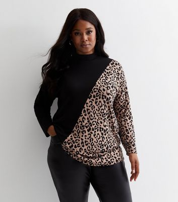 Curves Black Colour Block Leopard Print Fine Knit Top New Look