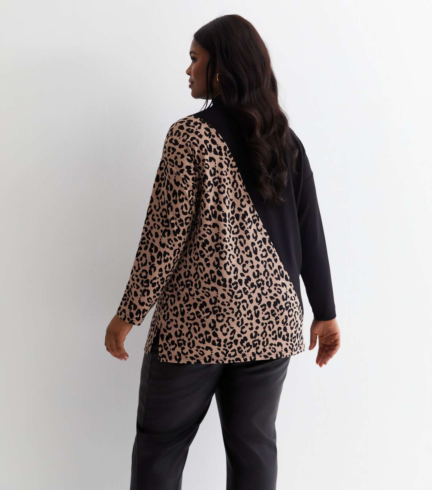 Curves Black Colour Block Leopard Print Fine Knit Top Image 4