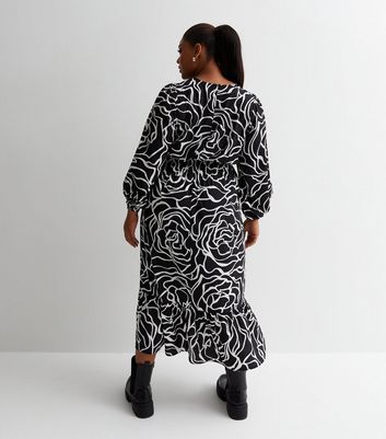 Curves Black Floral Shirred Waist Midi Dress New Look
