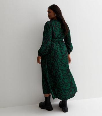 Curves Green Abstract Print Satin Wrap Midi Dress New Look