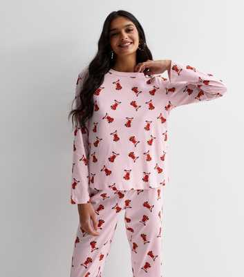 PIECES Pink Trouser Pyjama Set with Christmas Reindeer Print