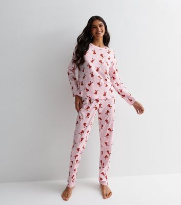 PIECES Pink Trouser Pyjama Set with Christmas Reindeer Print New Look