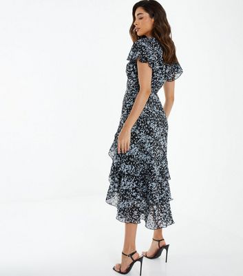 QUIZ Black Floral Chiffon Tiered Midi Dress | New Look