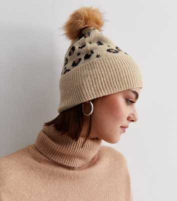 PIECES Brown Leopard Print Knit Pom Pom Beanie